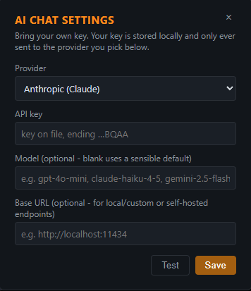 Quartermaster AI chat settings: choose a provider such as Anthropic Claude, enter your own API key, optional model and base URL for local models
