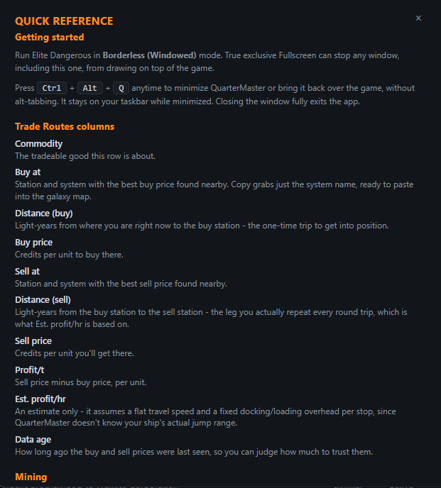 Quartermaster quick reference explaining Borderless mode, the Ctrl+Alt+Q hotkey and what each trade route column means